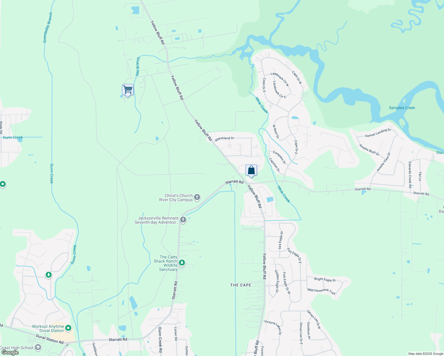 map of restaurants, bars, coffee shops, grocery stores, and more near 2561 Starratt Road in Jacksonville