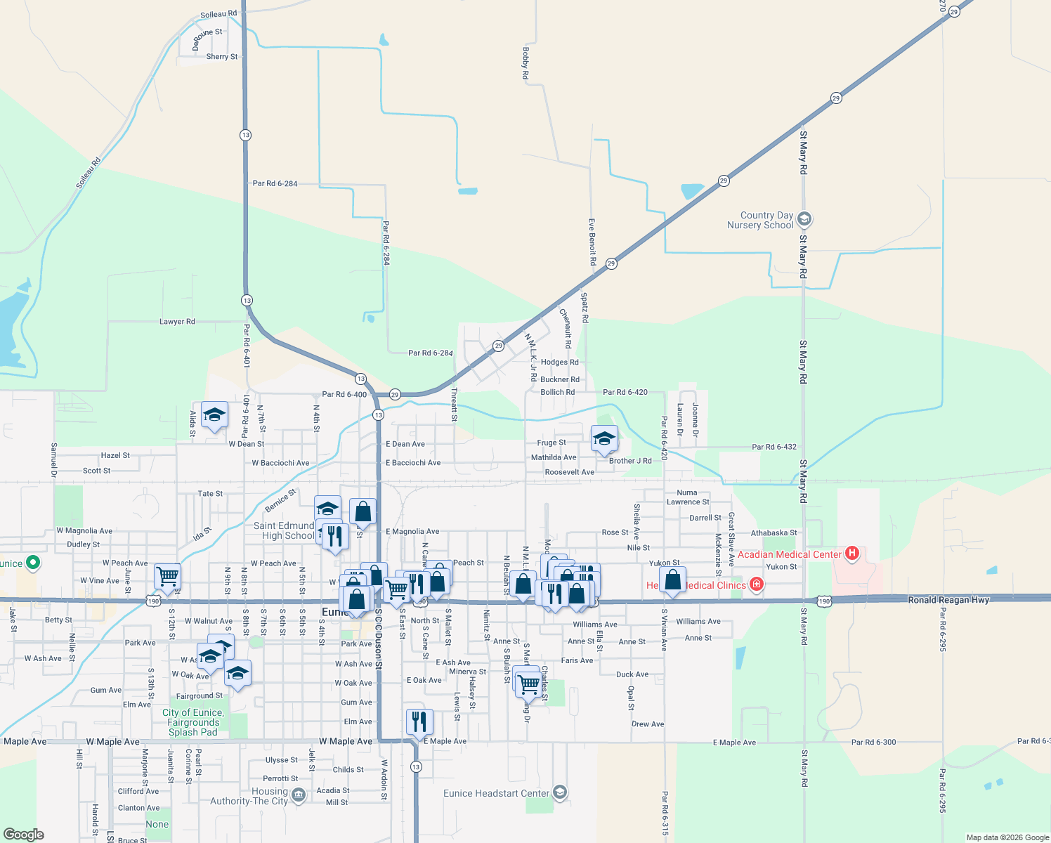 map of restaurants, bars, coffee shops, grocery stores, and more near 1142 N Martin Luther King Dr in Eunice