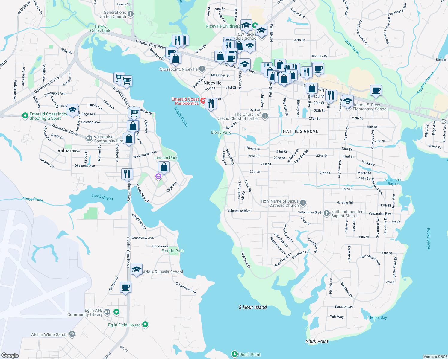 map of restaurants, bars, coffee shops, grocery stores, and more near 1203 Bayshore Drive in Niceville
