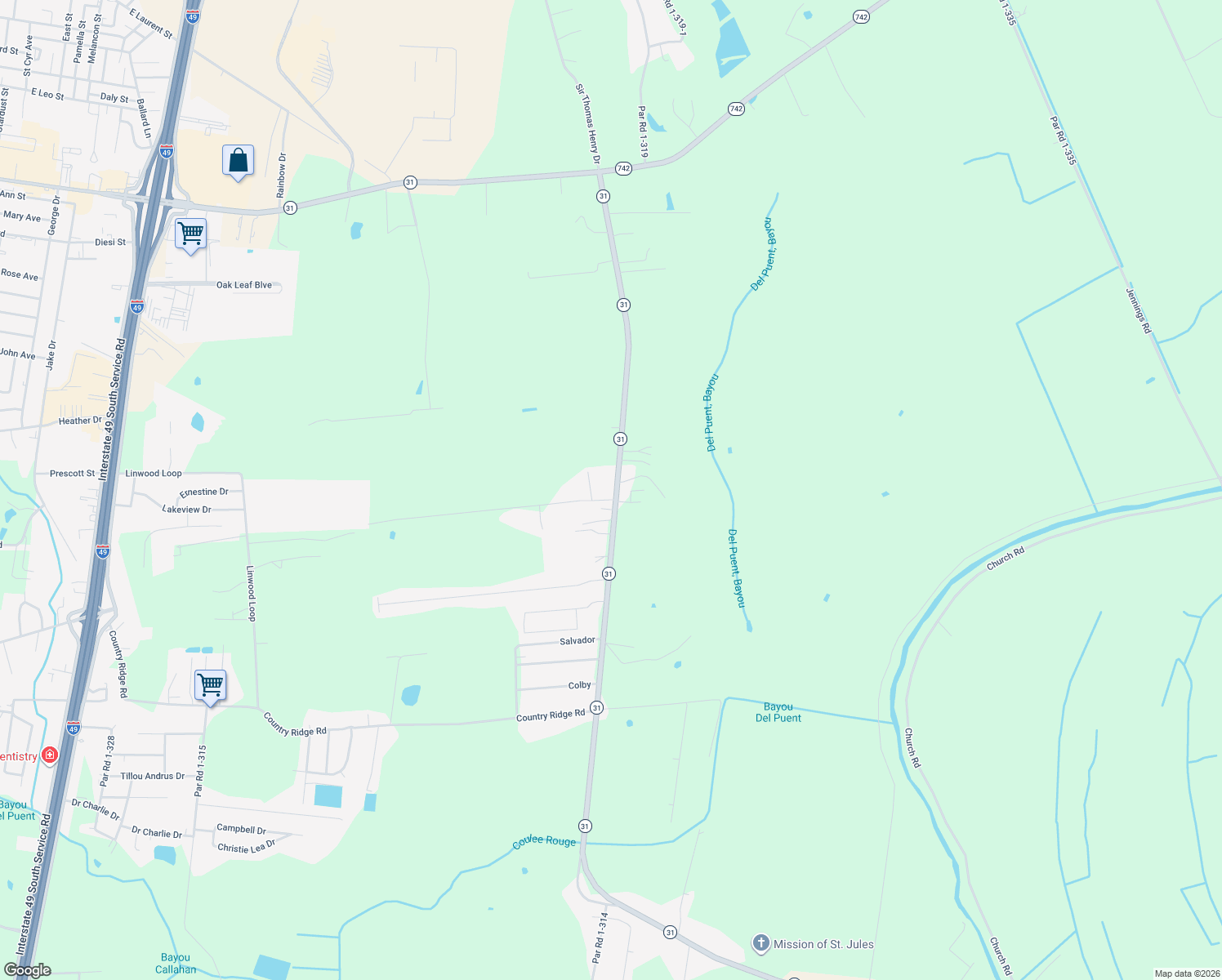 map of restaurants, bars, coffee shops, grocery stores, and more near 7163 Highway 31 in Opelousas