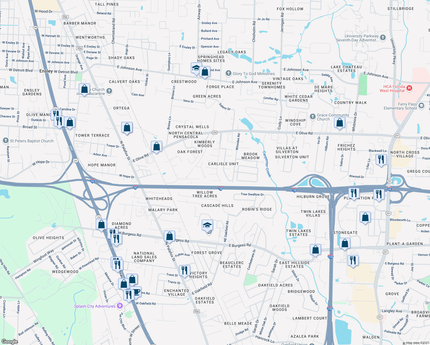 map of restaurants, bars, coffee shops, grocery stores, and more near 7727 Coronet Drive in Pensacola