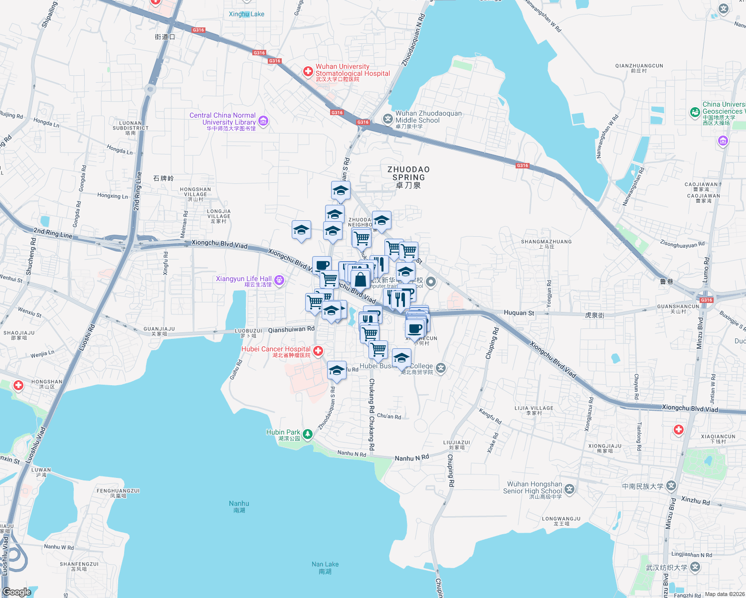 map of restaurants, bars, coffee shops, grocery stores, and more near 415 Xiong Chu Da Dao in Wu Han Shi
