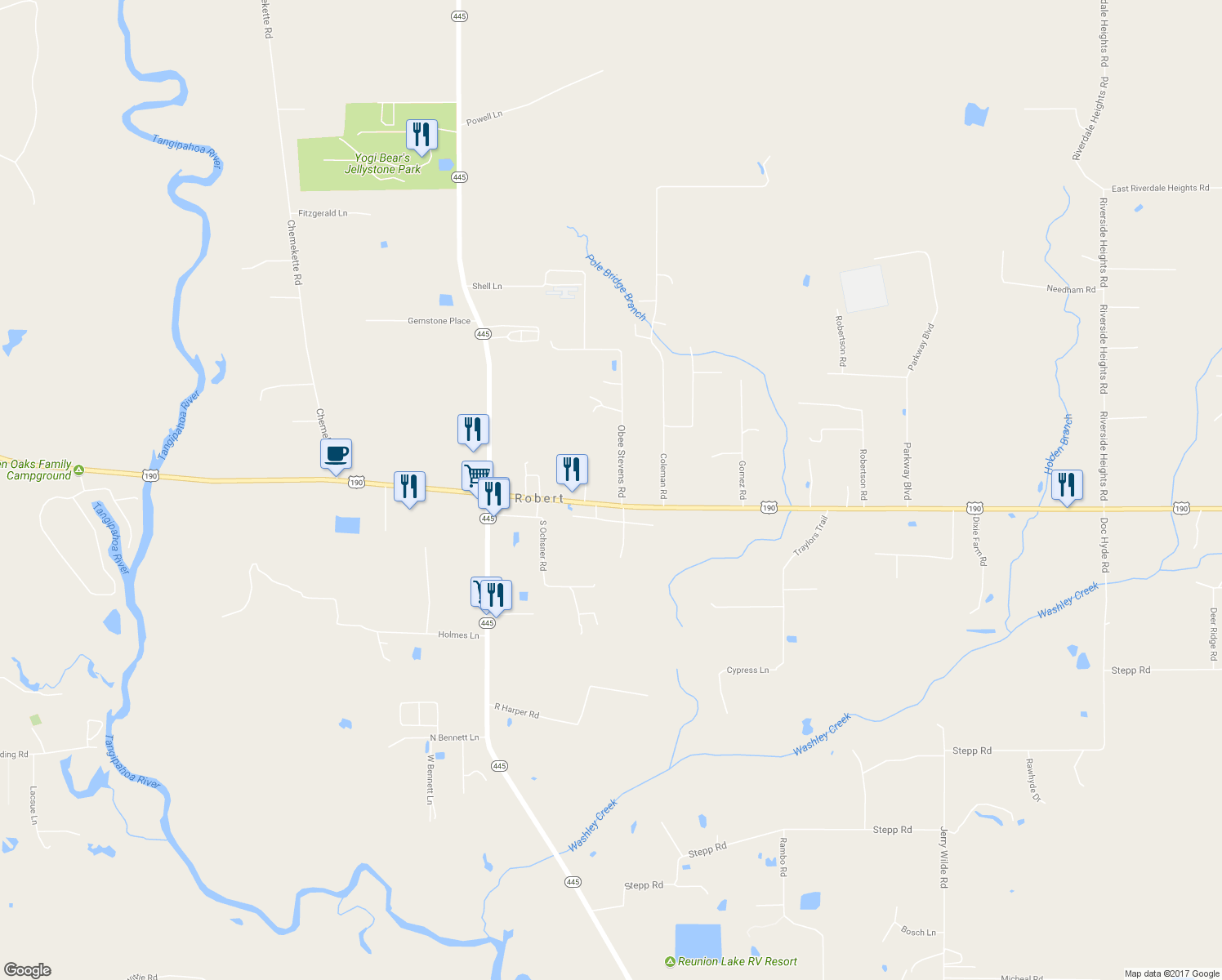 map of restaurants, bars, coffee shops, grocery stores, and more near 23201 U.S. 190 in Robert