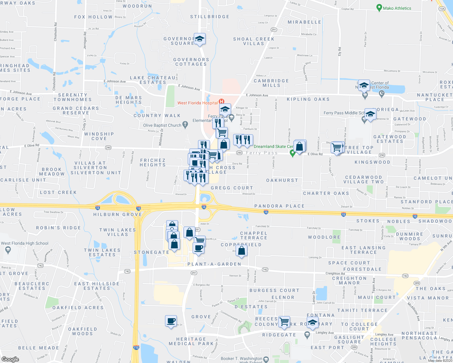 map of restaurants, bars, coffee shops, grocery stores, and more near 7840 Gregg Road in Pensacola