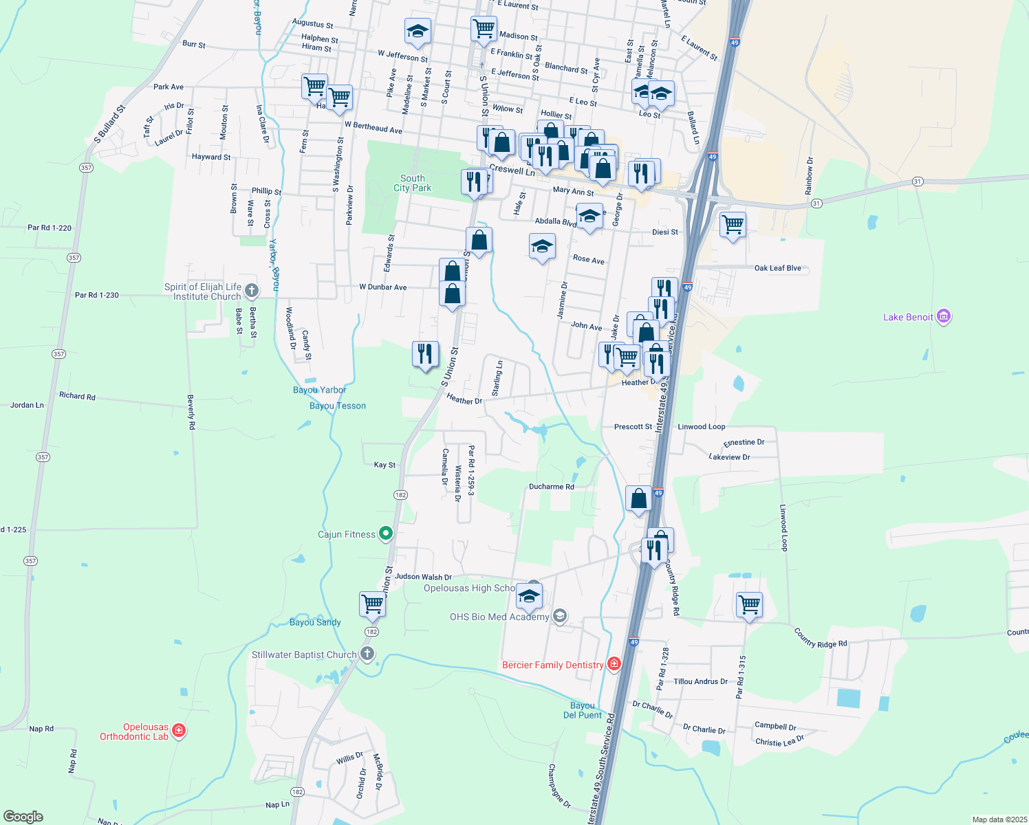 map of restaurants, bars, coffee shops, grocery stores, and more near 700 Harvest Ln in Opelousas