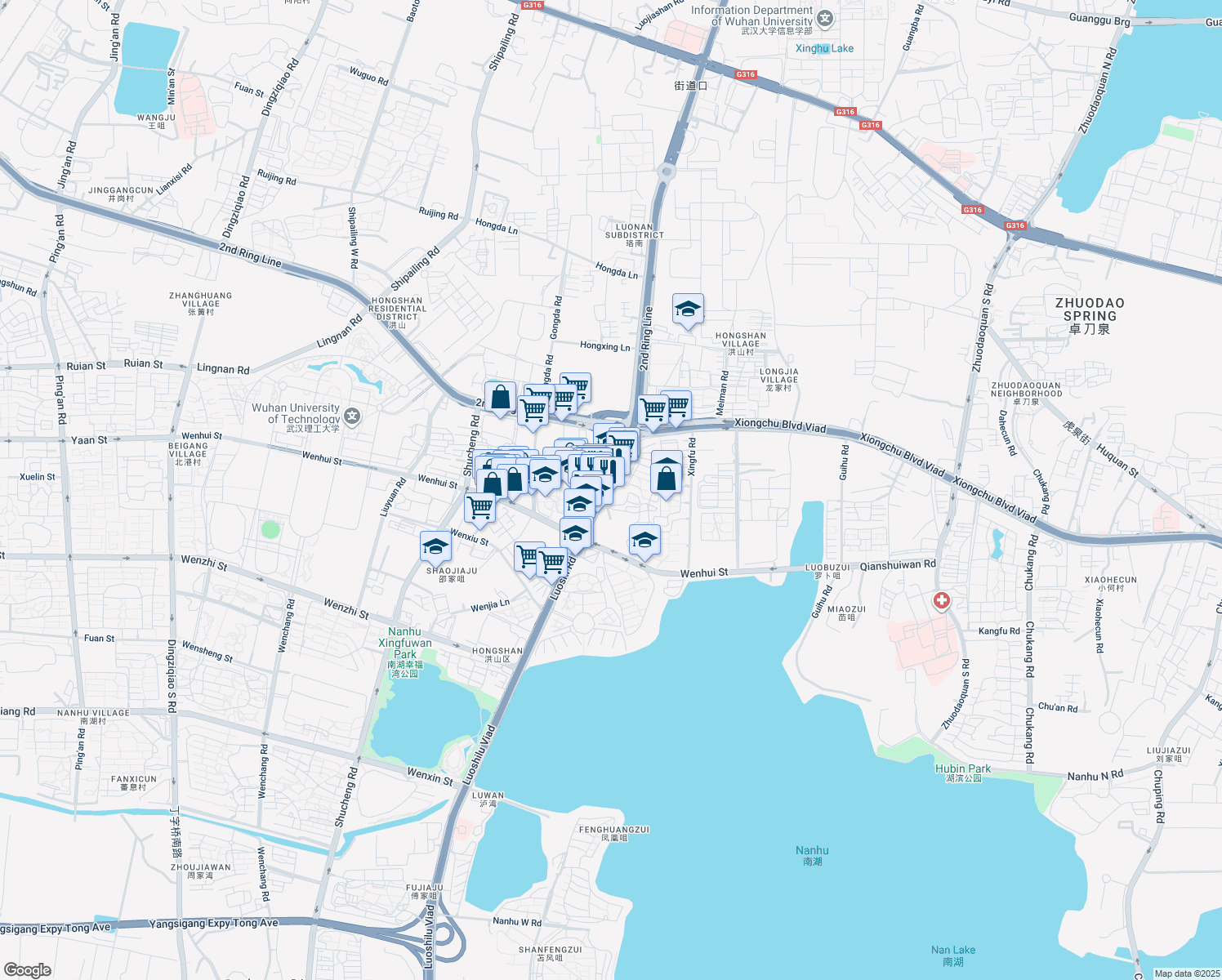 map of restaurants, bars, coffee shops, grocery stores, and more near Luo Shi Lu in Wu Han Shi