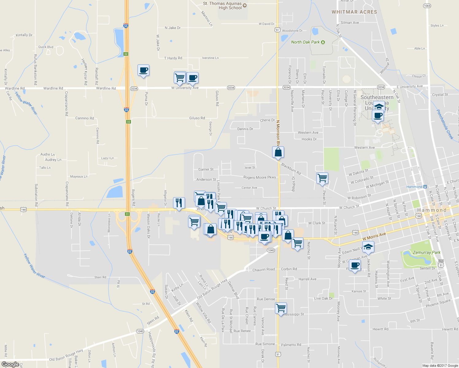 map of restaurants, bars, coffee shops, grocery stores, and more near 2613 Aleata Drive in Hammond