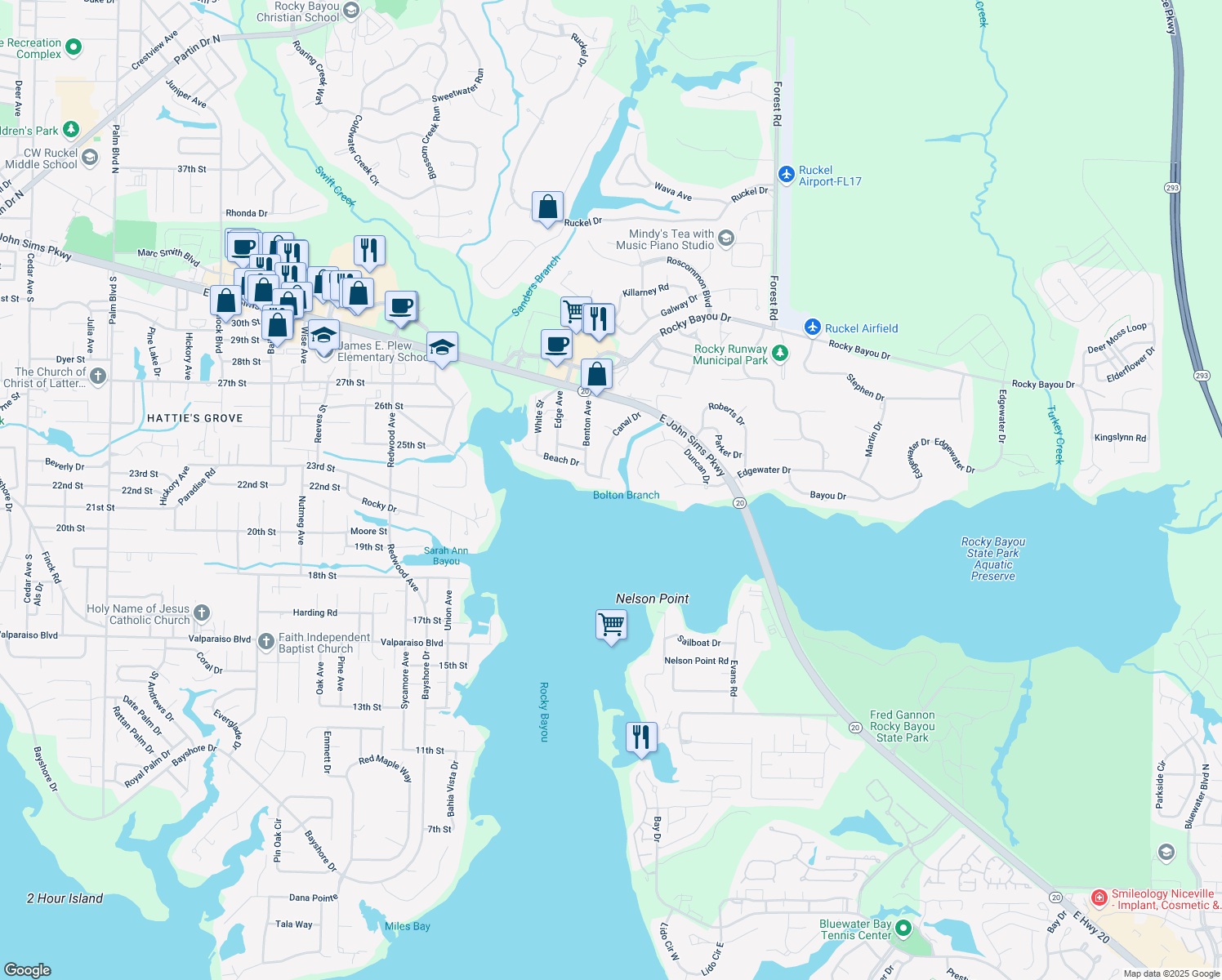 map of restaurants, bars, coffee shops, grocery stores, and more near 2335 Canal Drive in Niceville