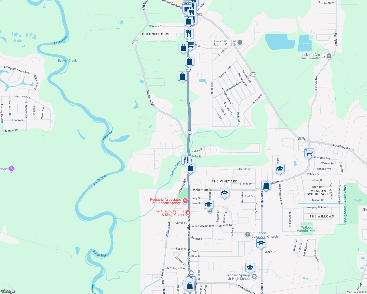 map of restaurants, bars, coffee shops, grocery stores, and more near 7978 Pine Bluff Road in Denham Springs