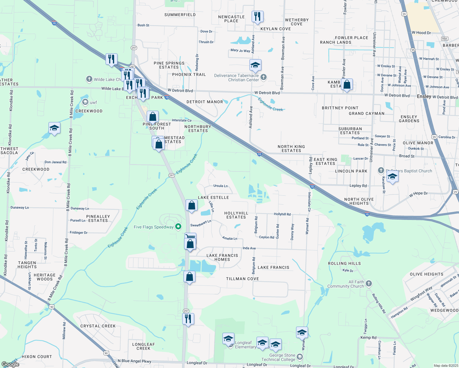map of restaurants, bars, coffee shops, grocery stores, and more near 2390 Ursula Lane in Pensacola