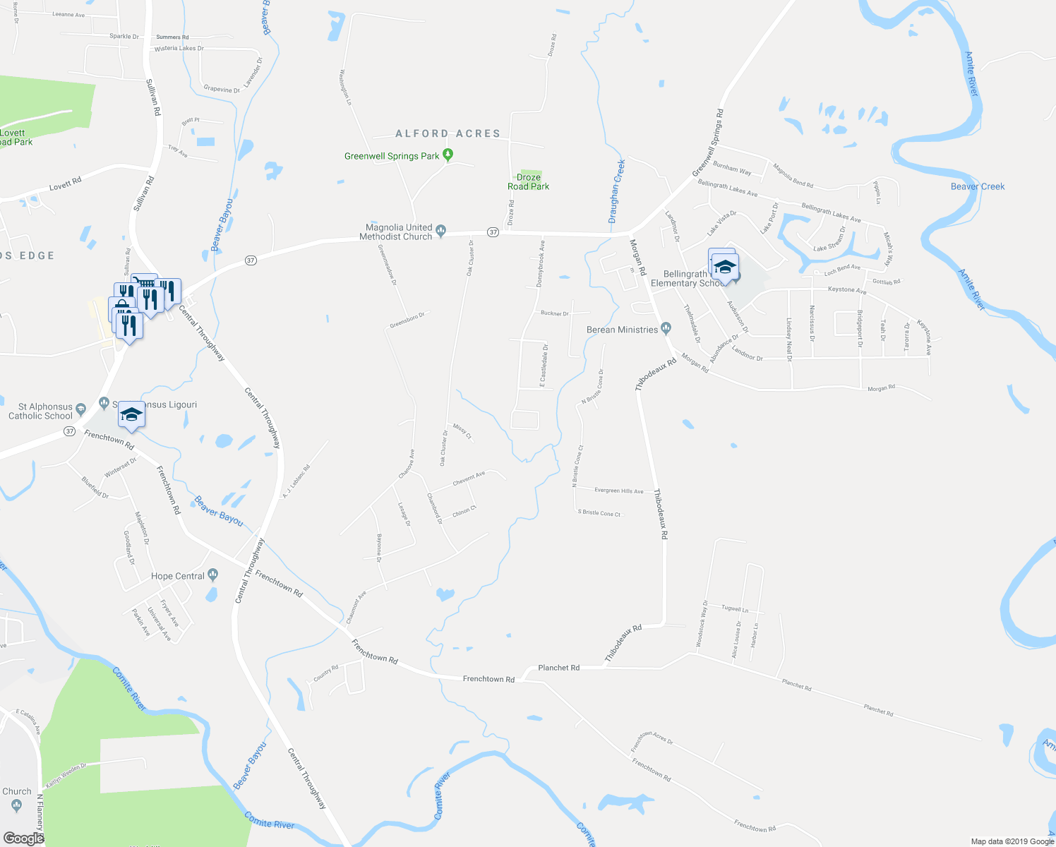 map of restaurants, bars, coffee shops, grocery stores, and more near 16741 Battle Creek Drive in Central