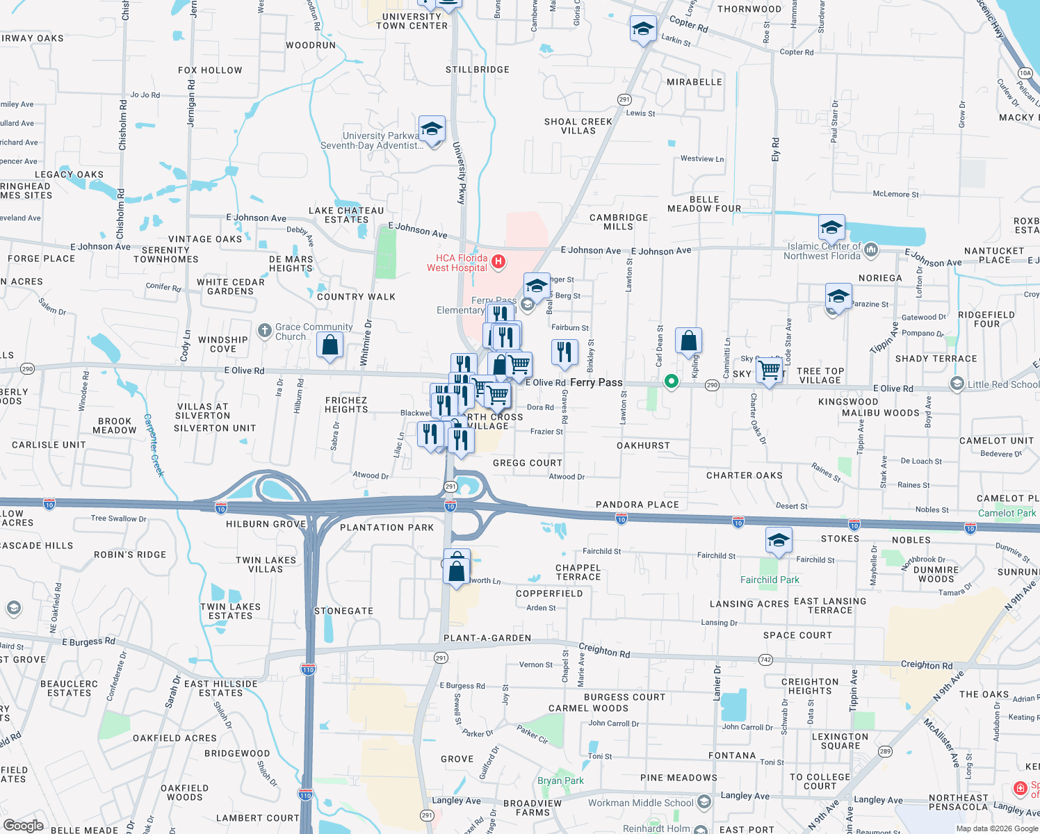 map of restaurants, bars, coffee shops, grocery stores, and more near 7912 Gregg Road in Pensacola