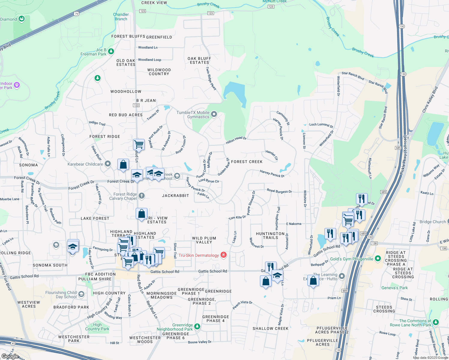 map of restaurants, bars, coffee shops, grocery stores, and more near 3927 Lord Byron Circle in Round Rock