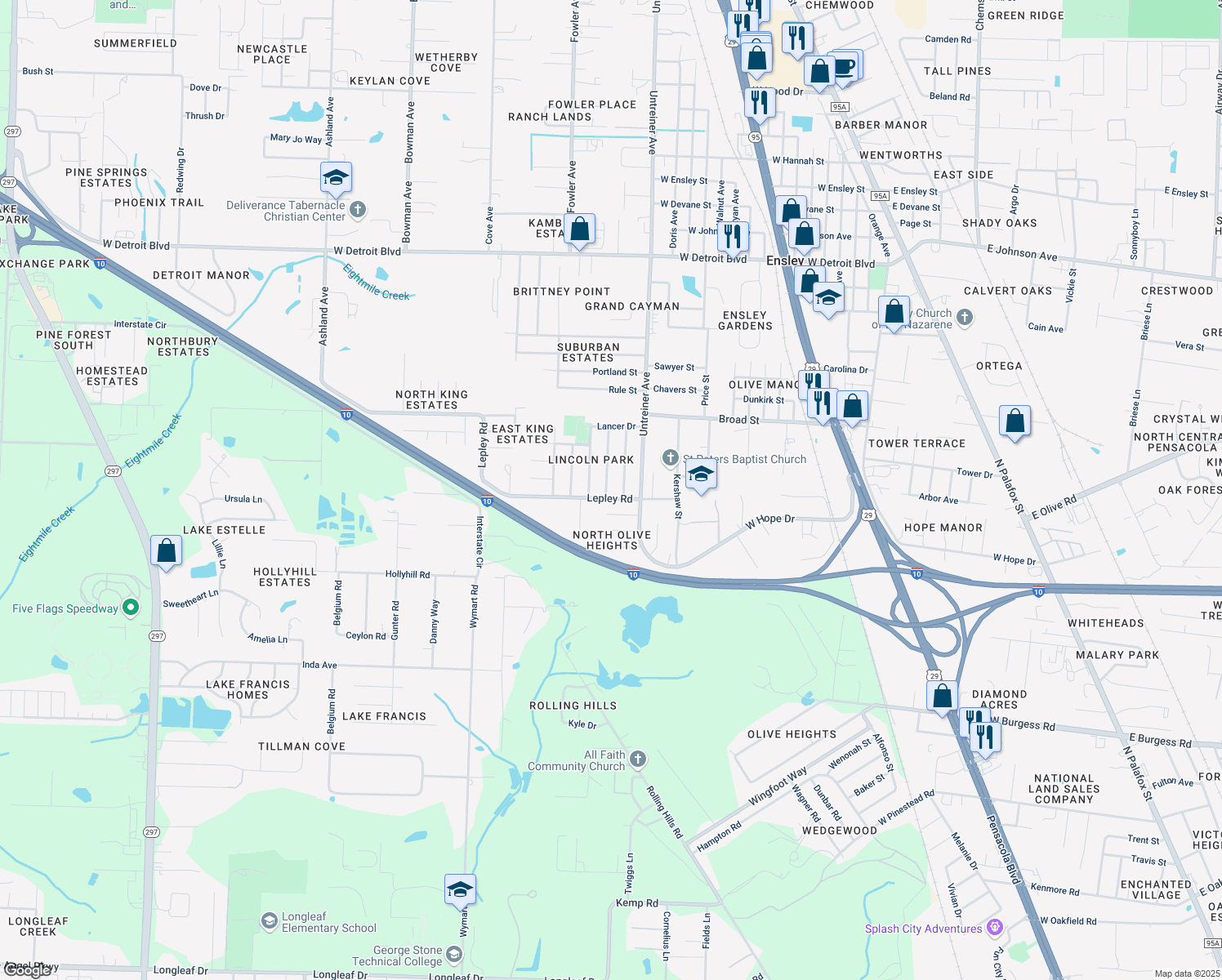 map of restaurants, bars, coffee shops, grocery stores, and more near 7720 Amberidge Road in Pensacola