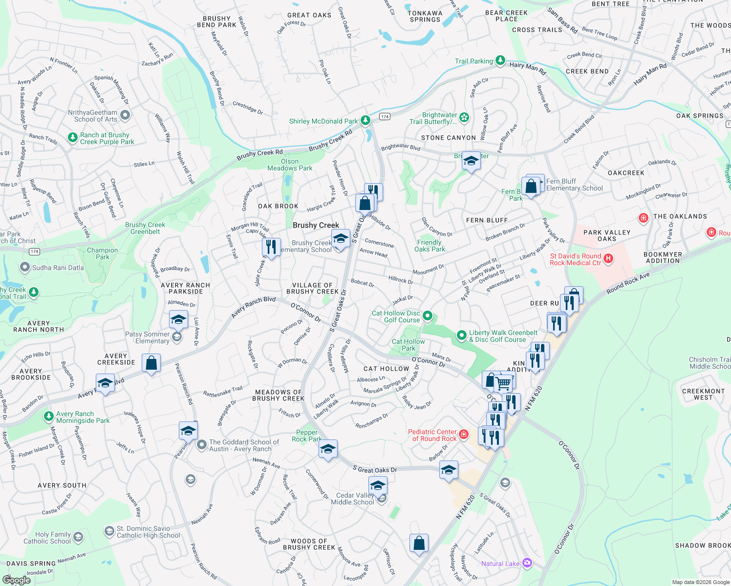 map of restaurants, bars, coffee shops, grocery stores, and more near 16905 Stray Cove in Round Rock