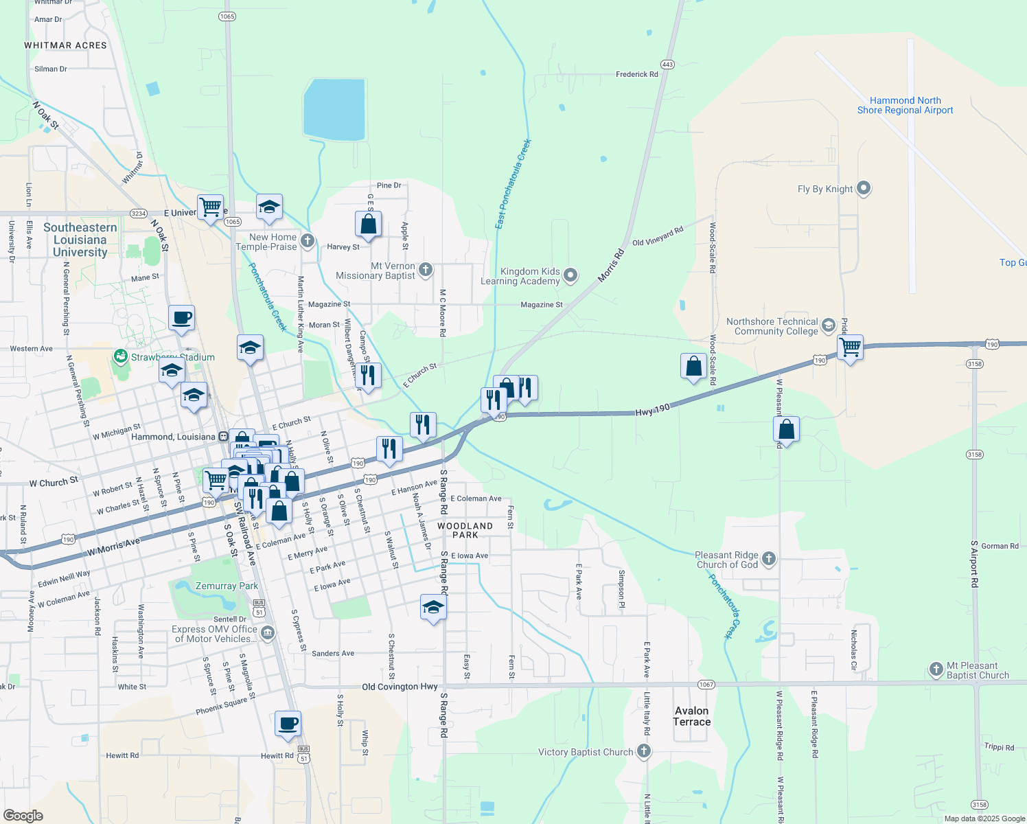 map of restaurants, bars, coffee shops, grocery stores, and more near 1379 U.S. 190 in Hammond
