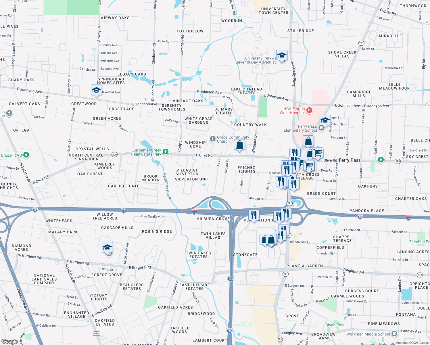 map of restaurants, bars, coffee shops, grocery stores, and more near 7939 Ira Drive in Pensacola
