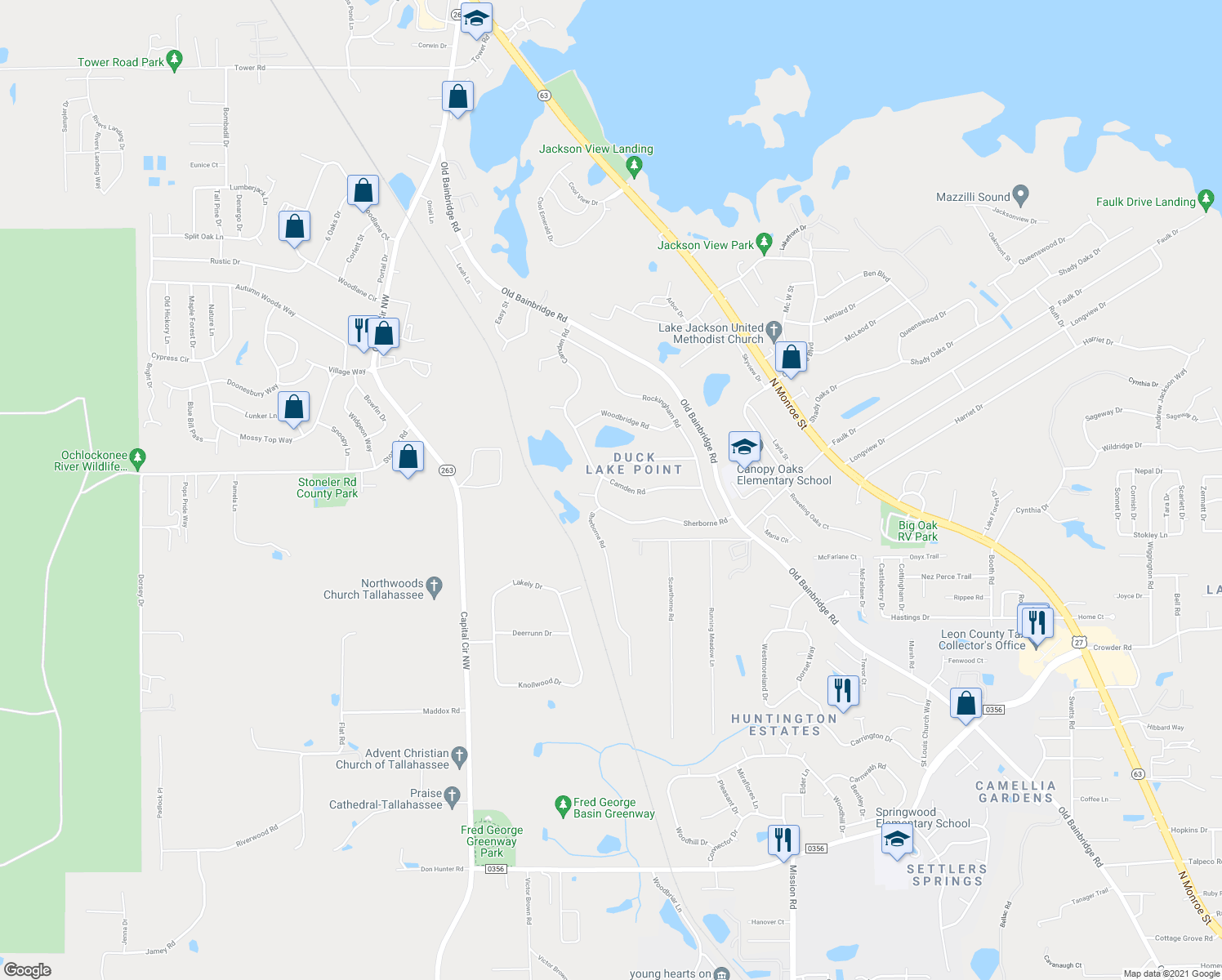 map of restaurants, bars, coffee shops, grocery stores, and more near 4285 Camden Road in Tallahassee