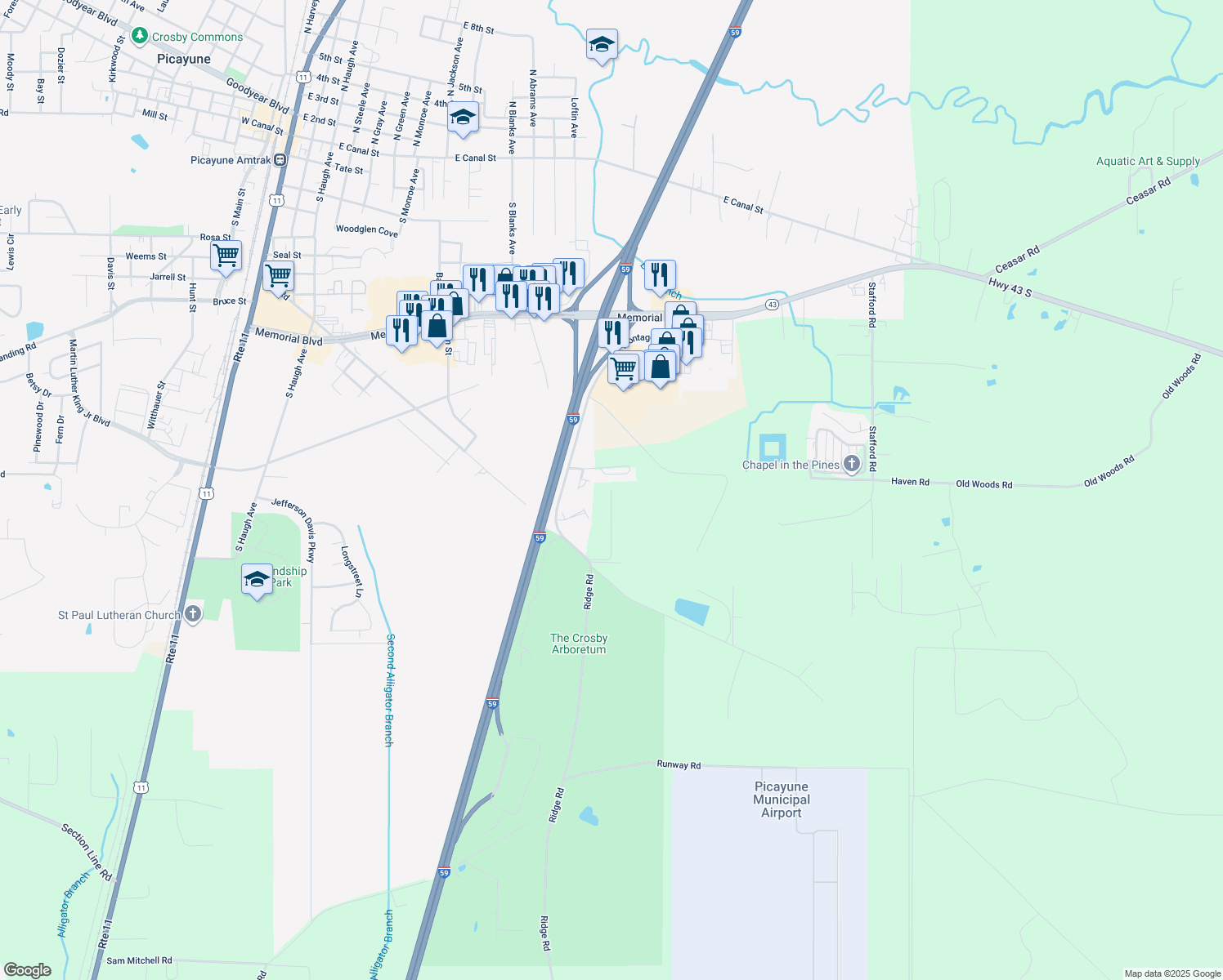 map of restaurants, bars, coffee shops, grocery stores, and more near 98 Ridge Crest Dr in Picayune
