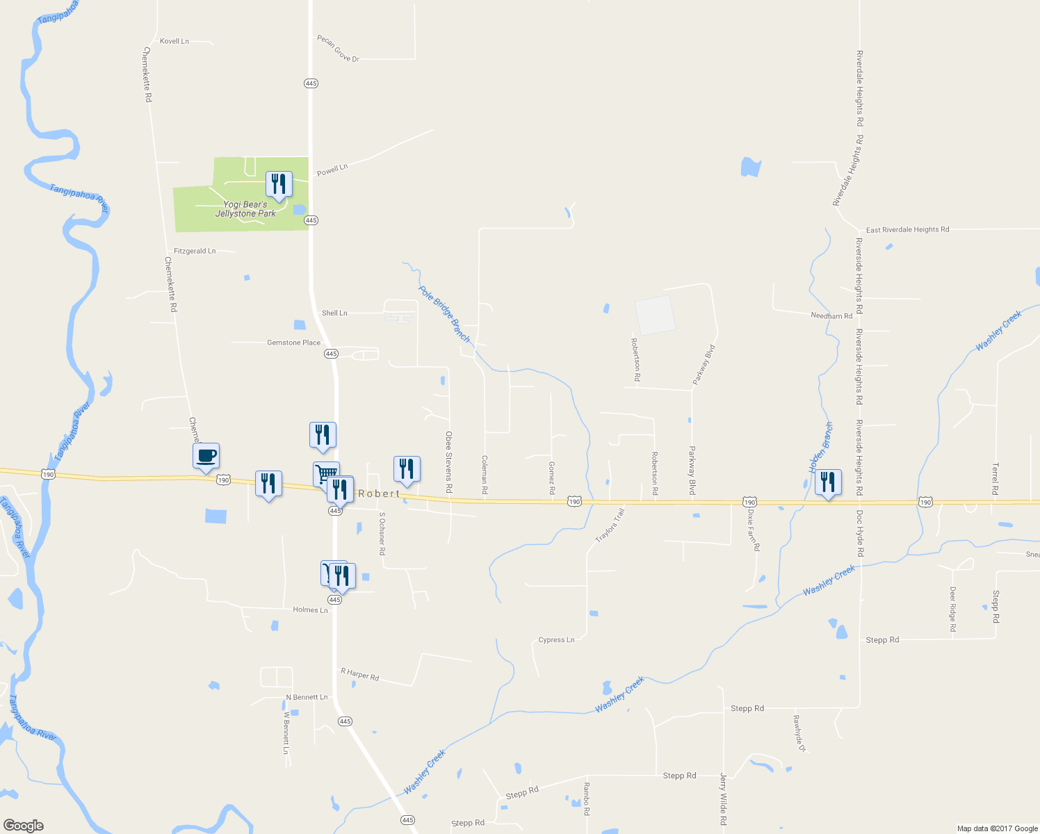 map of restaurants, bars, coffee shops, grocery stores, and more near Coleman Road in Robert