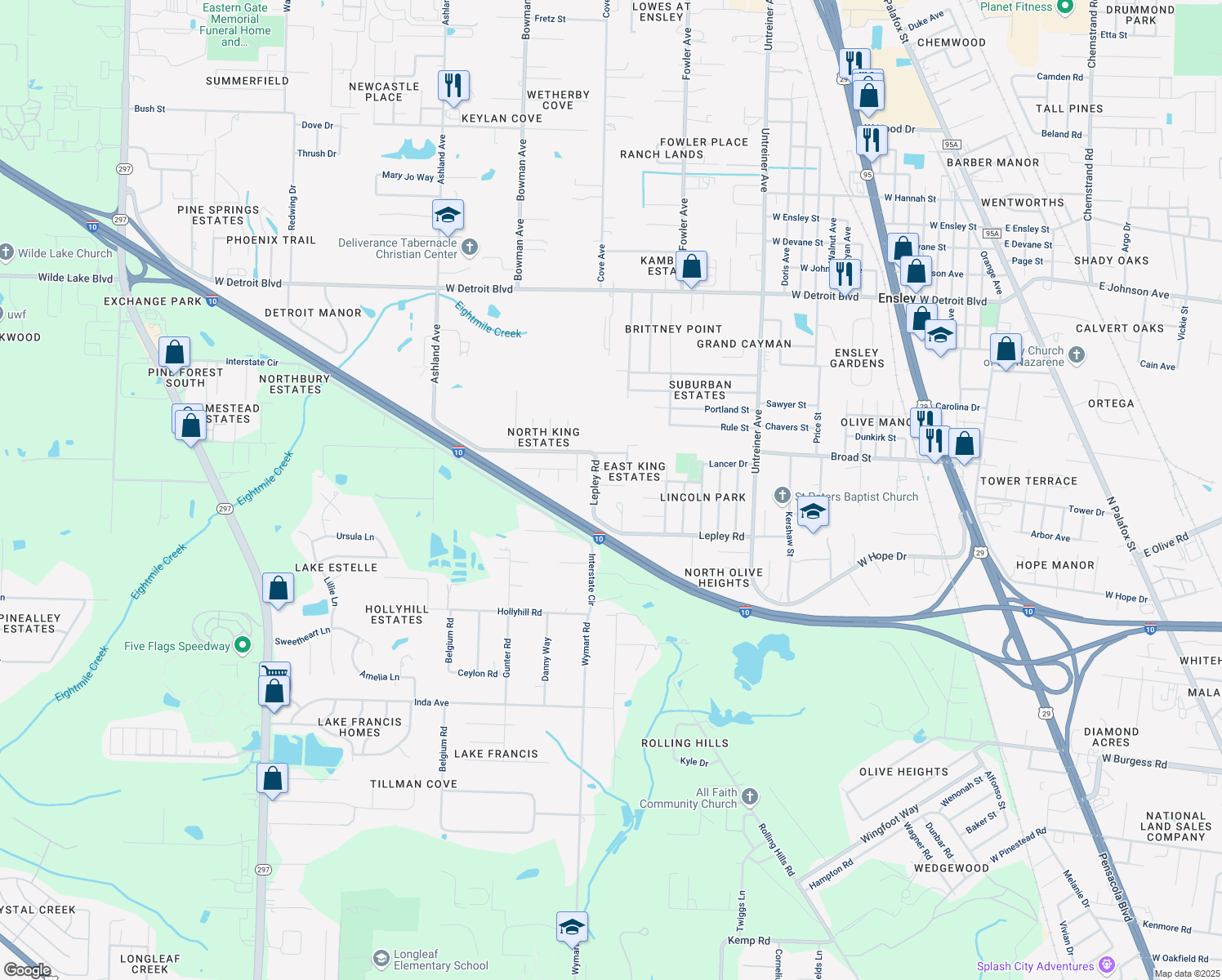 map of restaurants, bars, coffee shops, grocery stores, and more near 1609 Unity Court in Pensacola