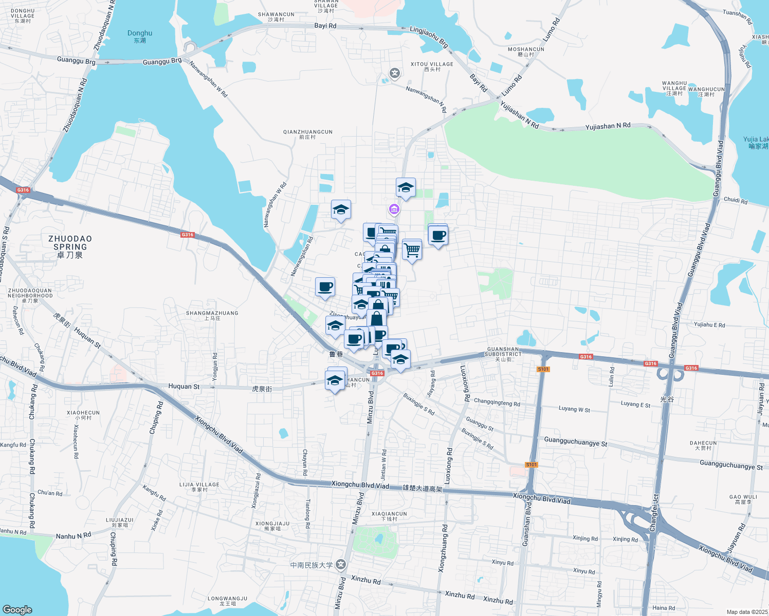 map of restaurants, bars, coffee shops, grocery stores, and more near 6 Lumo Road in Wuhan Shi