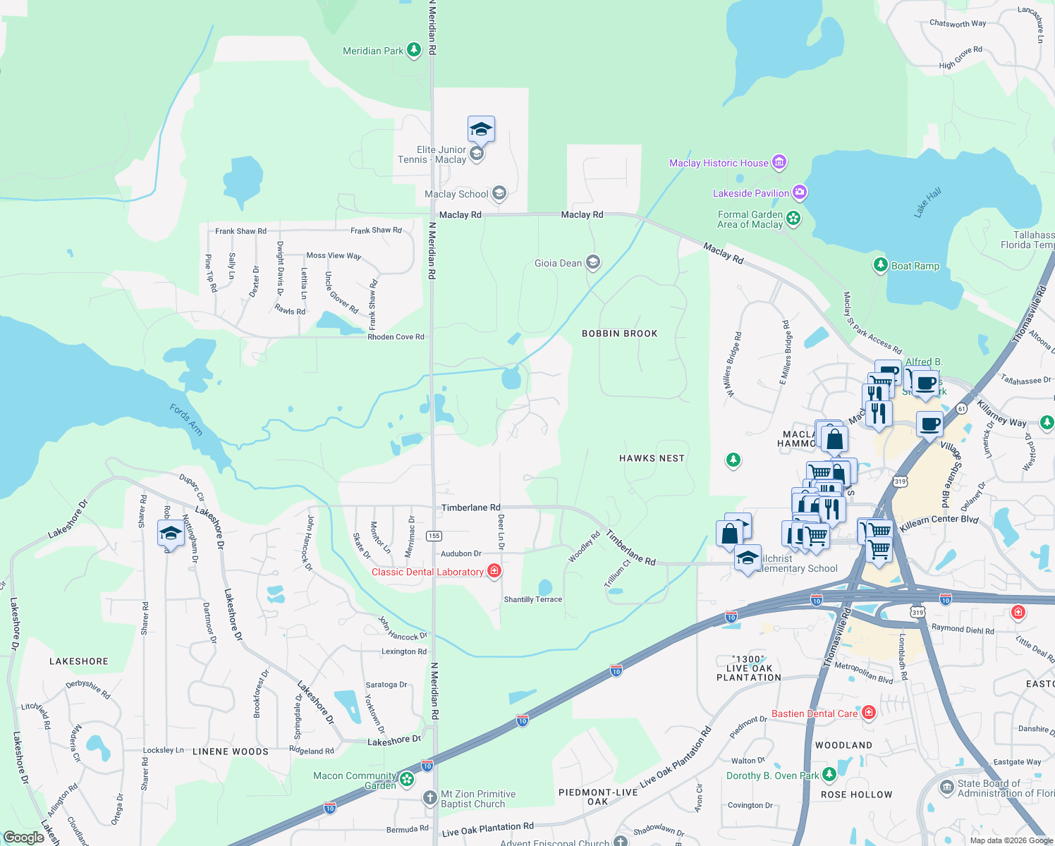 map of restaurants, bars, coffee shops, grocery stores, and more near 426 Lacy Woods Court in Tallahassee