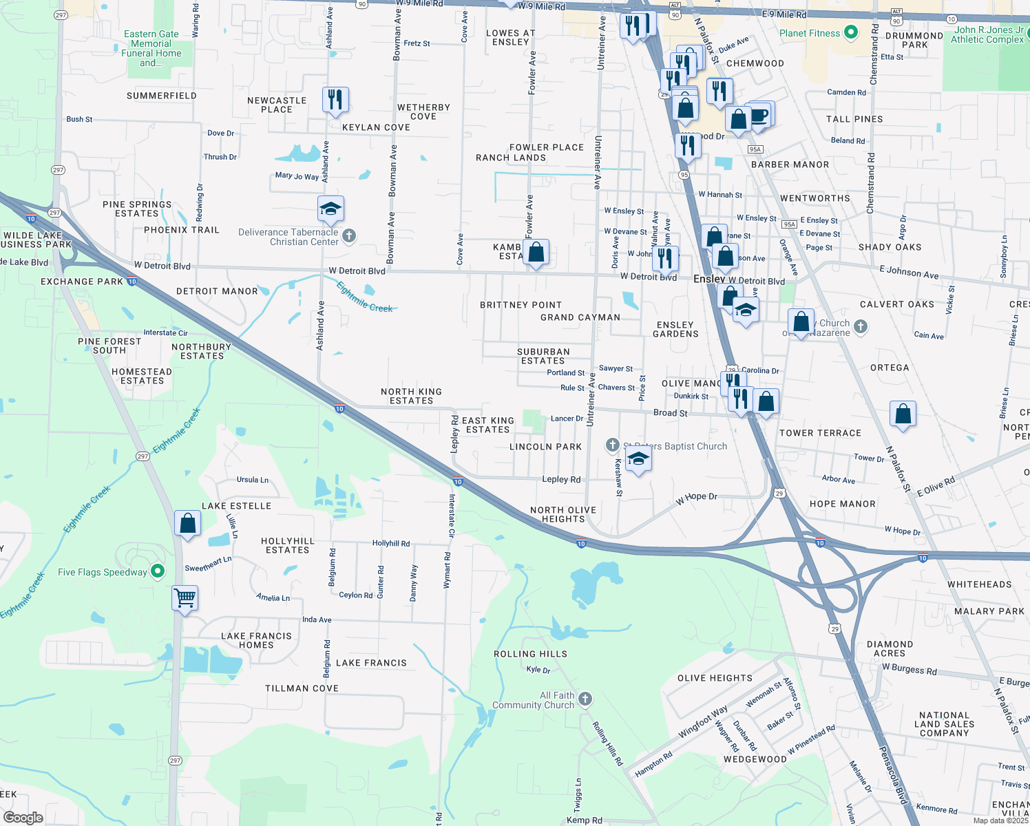map of restaurants, bars, coffee shops, grocery stores, and more near 7830 Herrington Drive in Pensacola