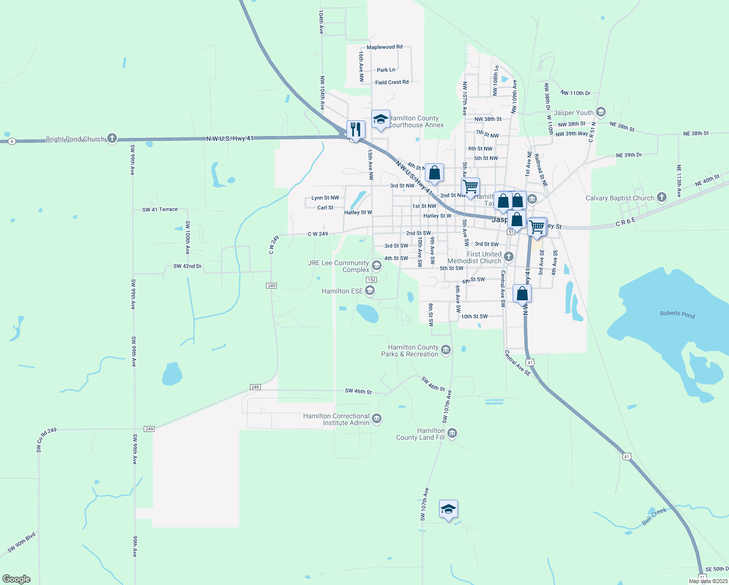 map of restaurants, bars, coffee shops, grocery stores, and more near 4311 Southwest County Road 152 in Jasper