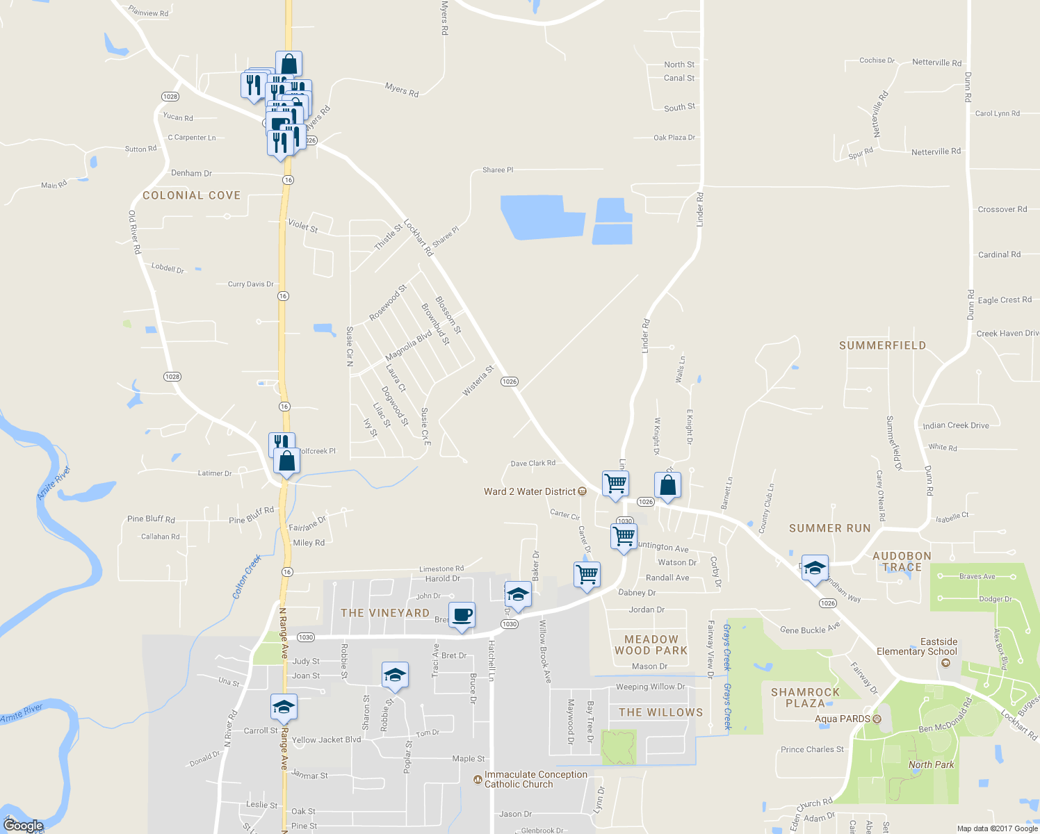 map of restaurants, bars, coffee shops, grocery stores, and more near 8740 Lockhart Road in Denham Springs