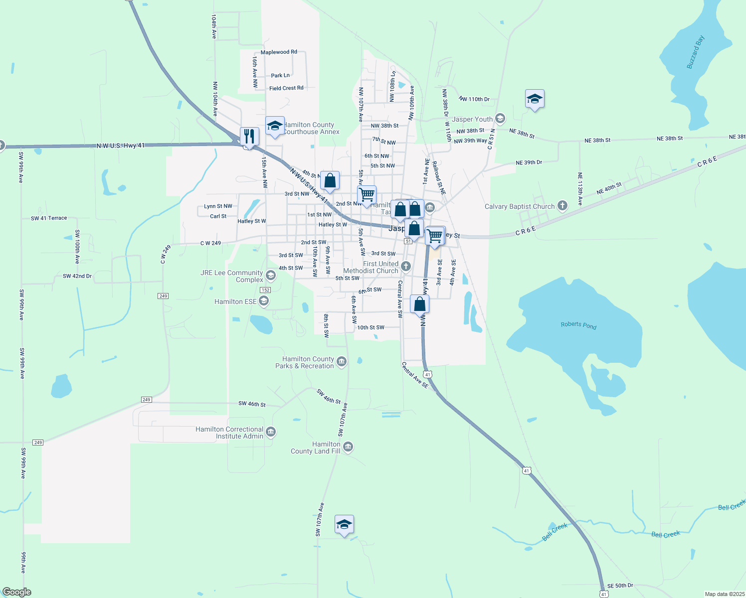 map of restaurants, bars, coffee shops, grocery stores, and more near 128 7th Street Southwest in Jasper