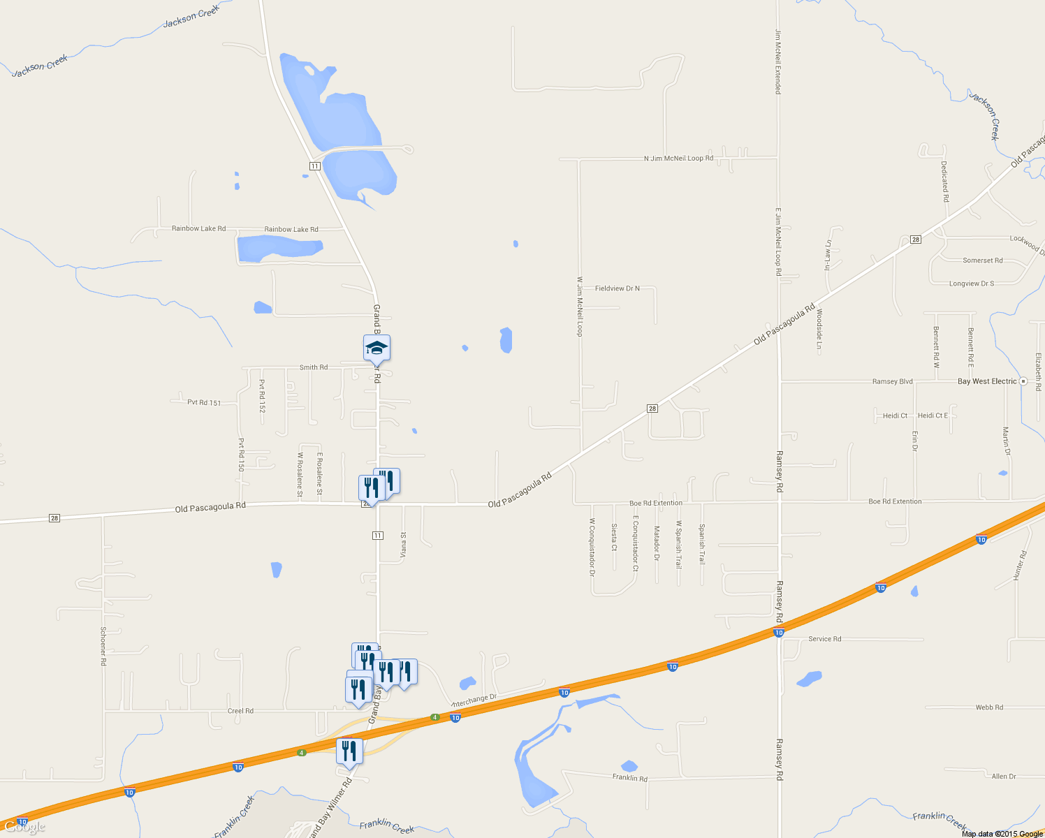 map of restaurants, bars, coffee shops, grocery stores, and more near 11939 Estel Waller Ln in Grand Bay