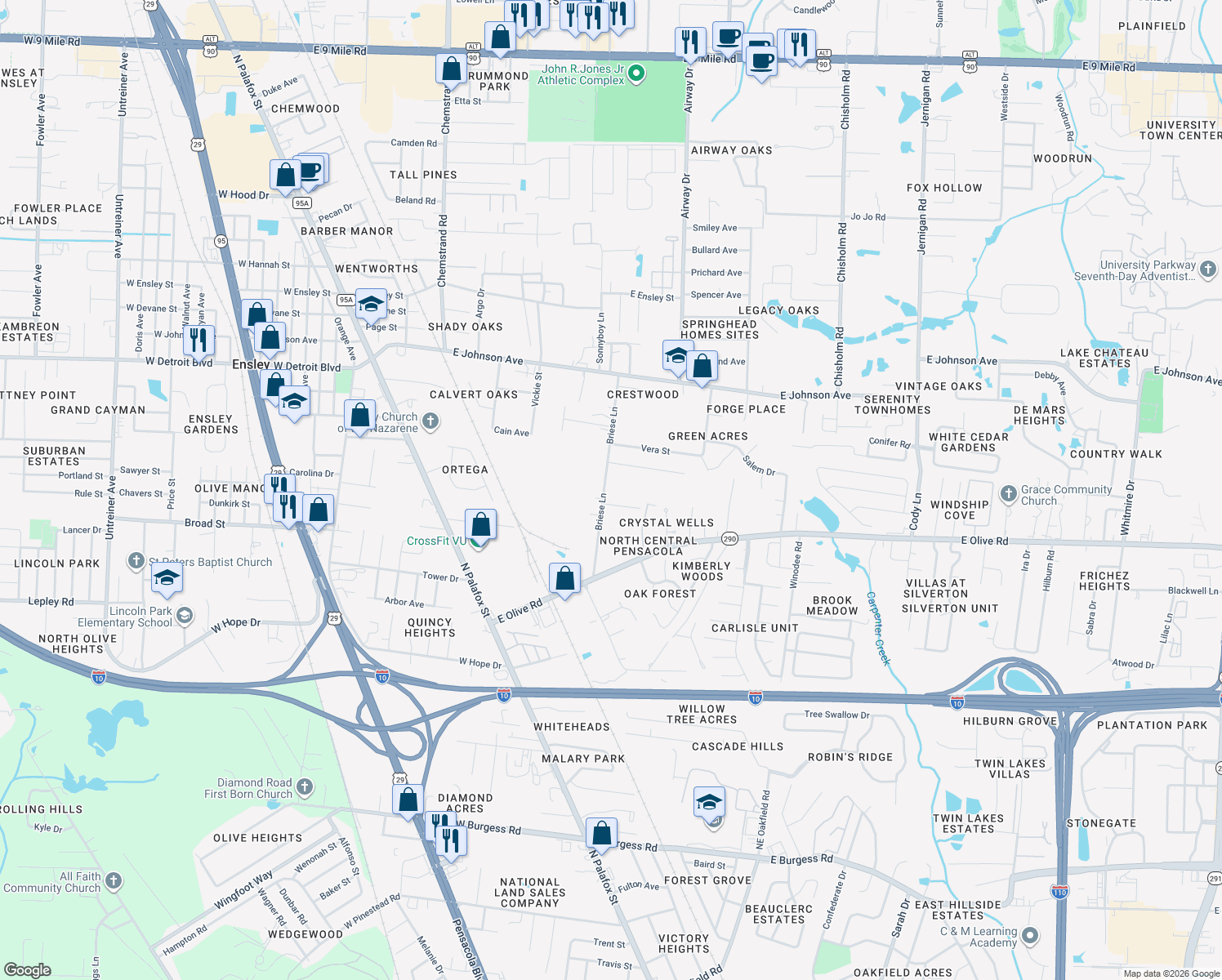 map of restaurants, bars, coffee shops, grocery stores, and more near 8246 Briese Lane in Pensacola