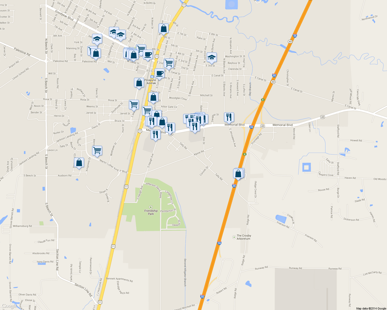 map of restaurants, bars, coffee shops, grocery stores, and more near 799 Telly Rd in Picayune