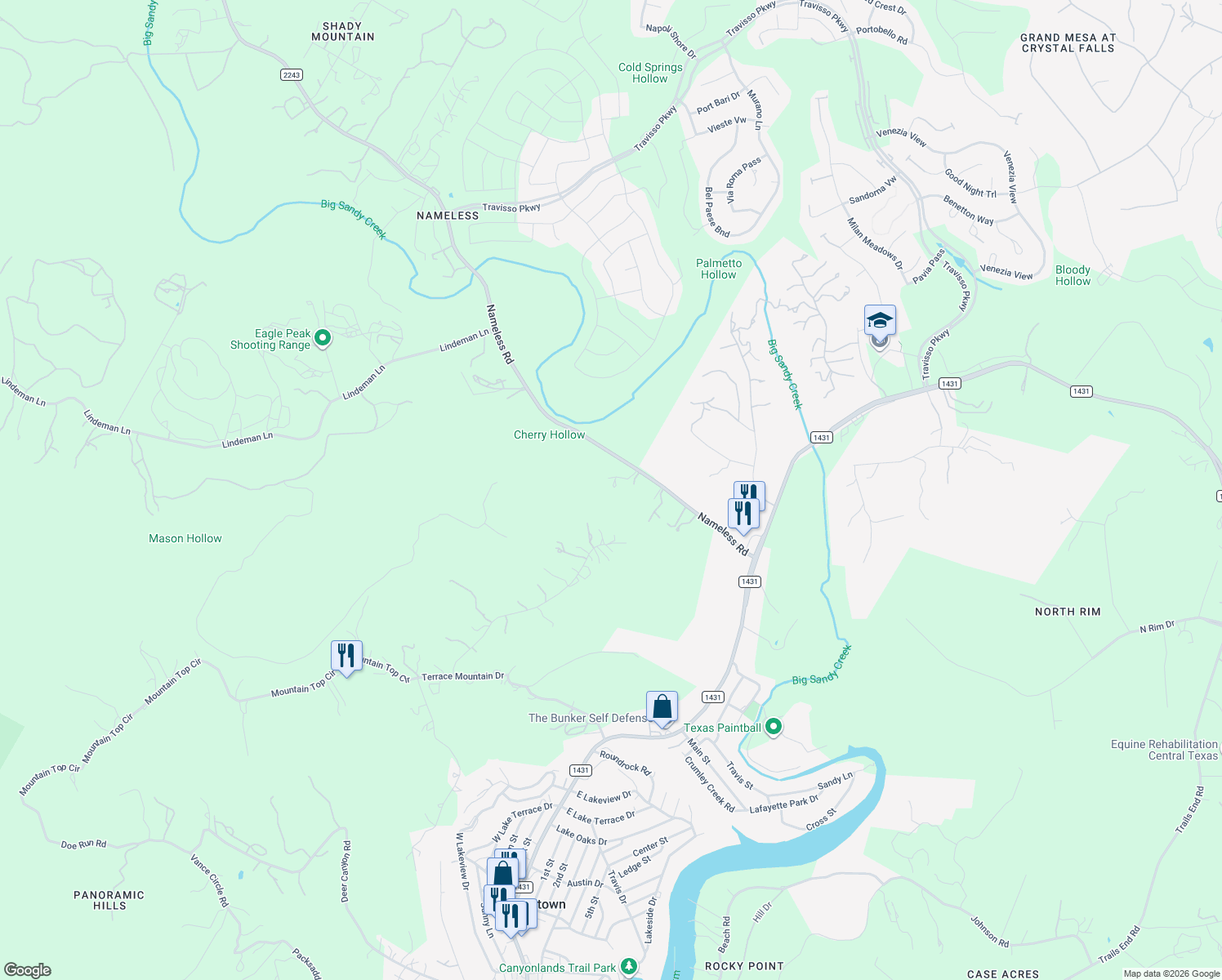 map of restaurants, bars, coffee shops, grocery stores, and more near 23642 Nameless Road in Leander