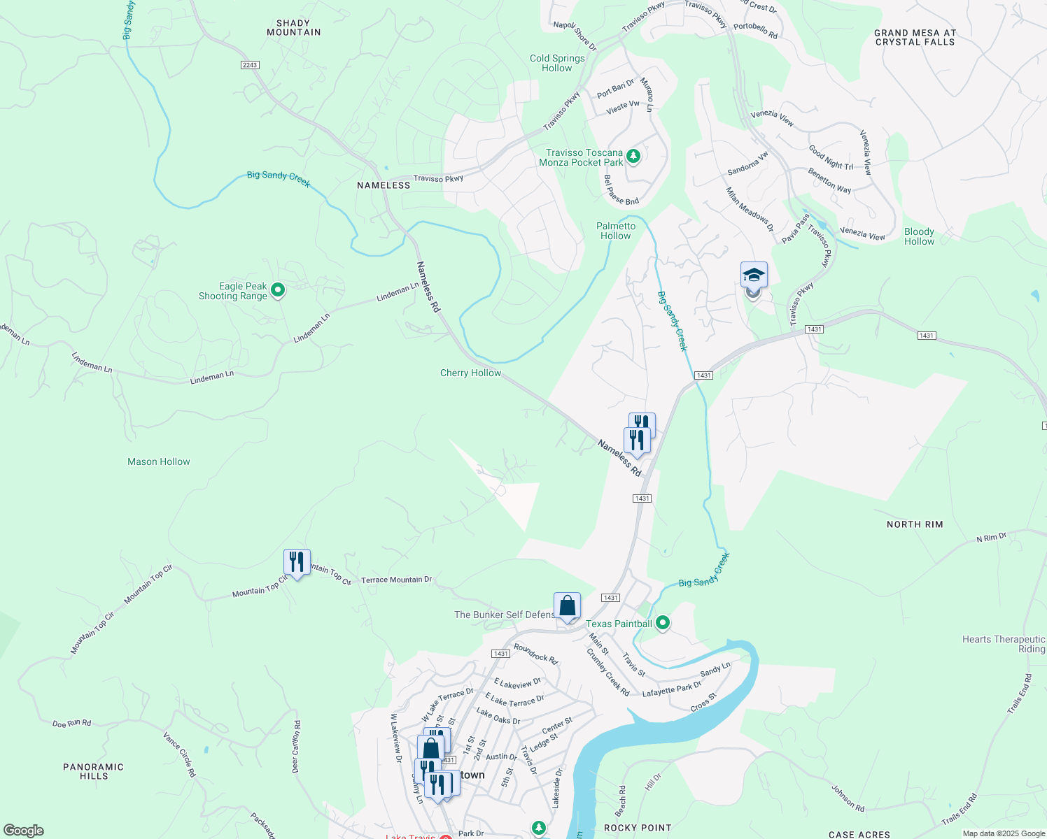 map of restaurants, bars, coffee shops, grocery stores, and more near 23642 Nameless Road in Leander