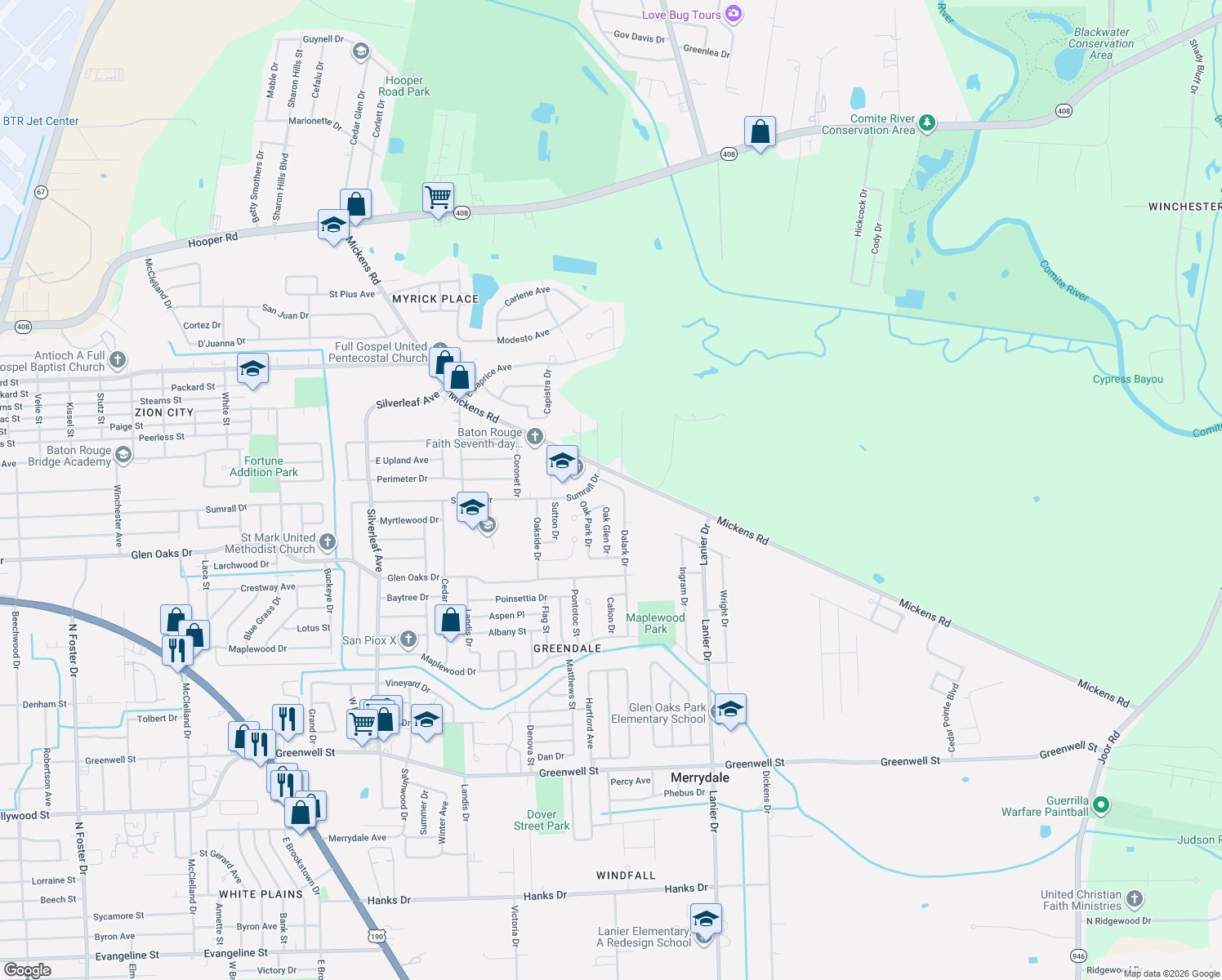 map of restaurants, bars, coffee shops, grocery stores, and more near 7051 Dalark Dr in Baton Rouge