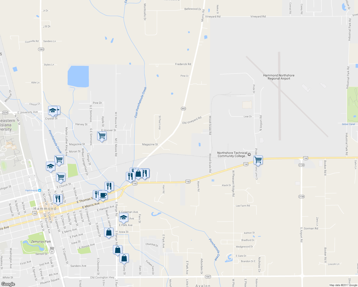 map of restaurants, bars, coffee shops, grocery stores, and more near 17349 Gasper Drago Lane in Hammond