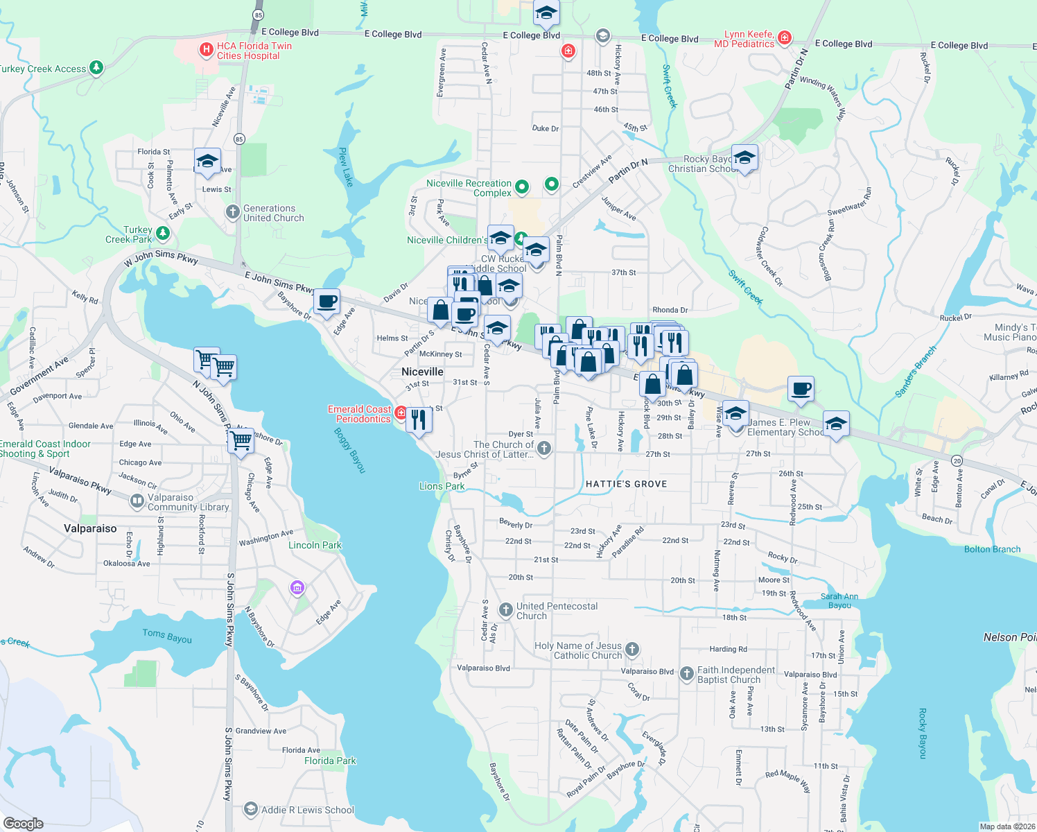 map of restaurants, bars, coffee shops, grocery stores, and more near 106 Abbott Cir in Niceville