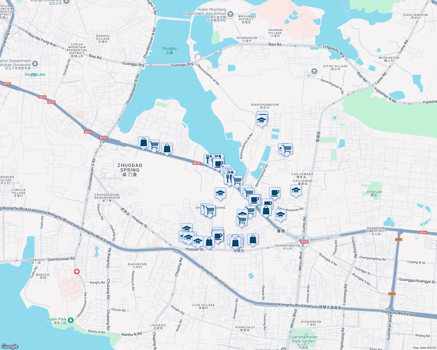 map of restaurants, bars, coffee shops, grocery stores, and more near 548 Luoyu Road in Wuhan Shi