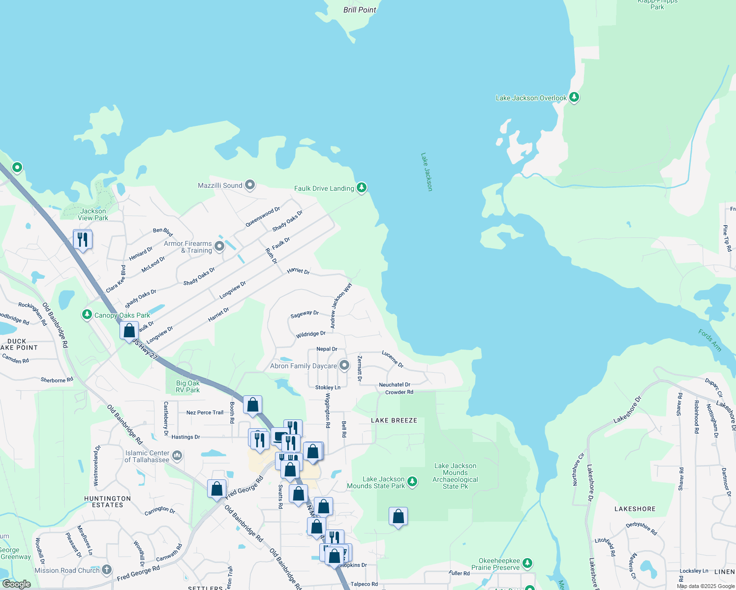 map of restaurants, bars, coffee shops, grocery stores, and more near 5187 Icicle Hill Road in Tallahassee