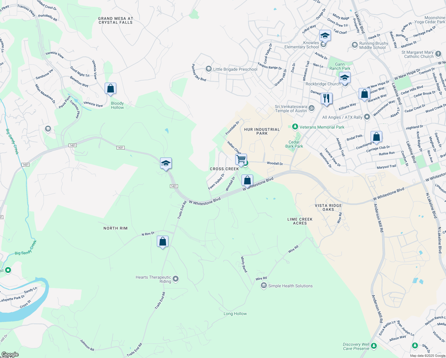 map of restaurants, bars, coffee shops, grocery stores, and more near 13115 Fawn Valley Drive in Cedar Park