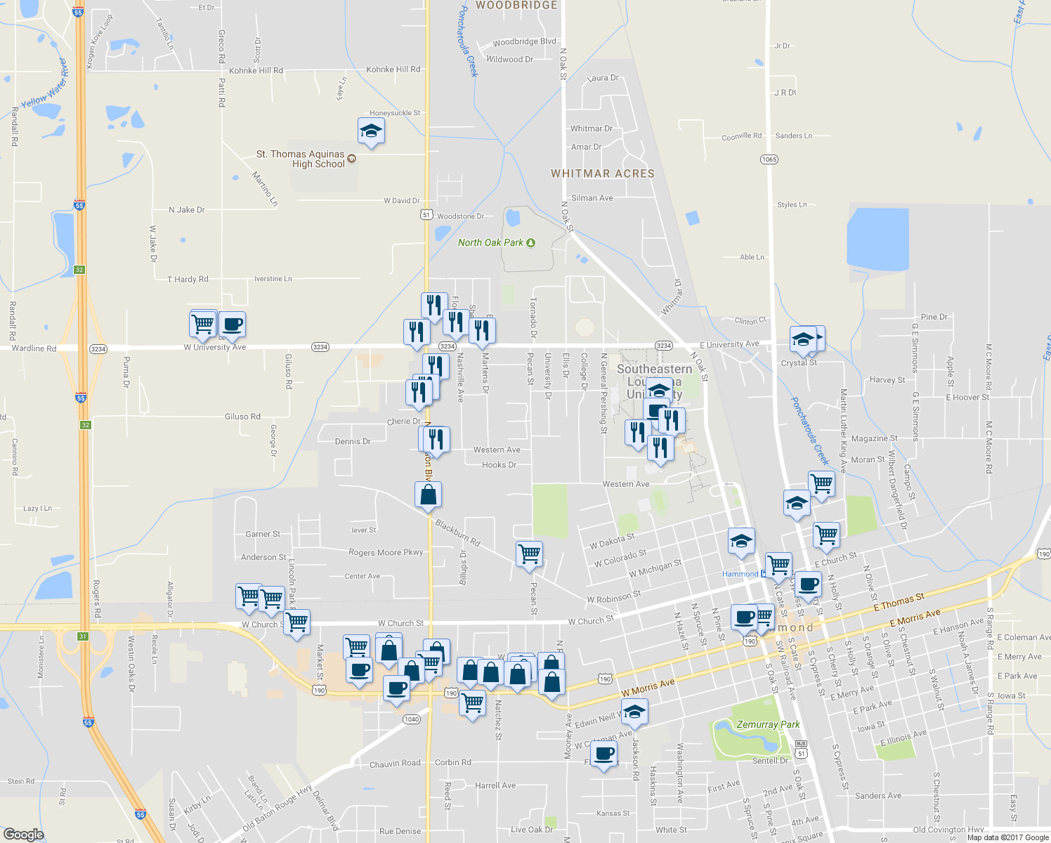 map of restaurants, bars, coffee shops, grocery stores, and more near 4 Longueleaf Drive in Hammond