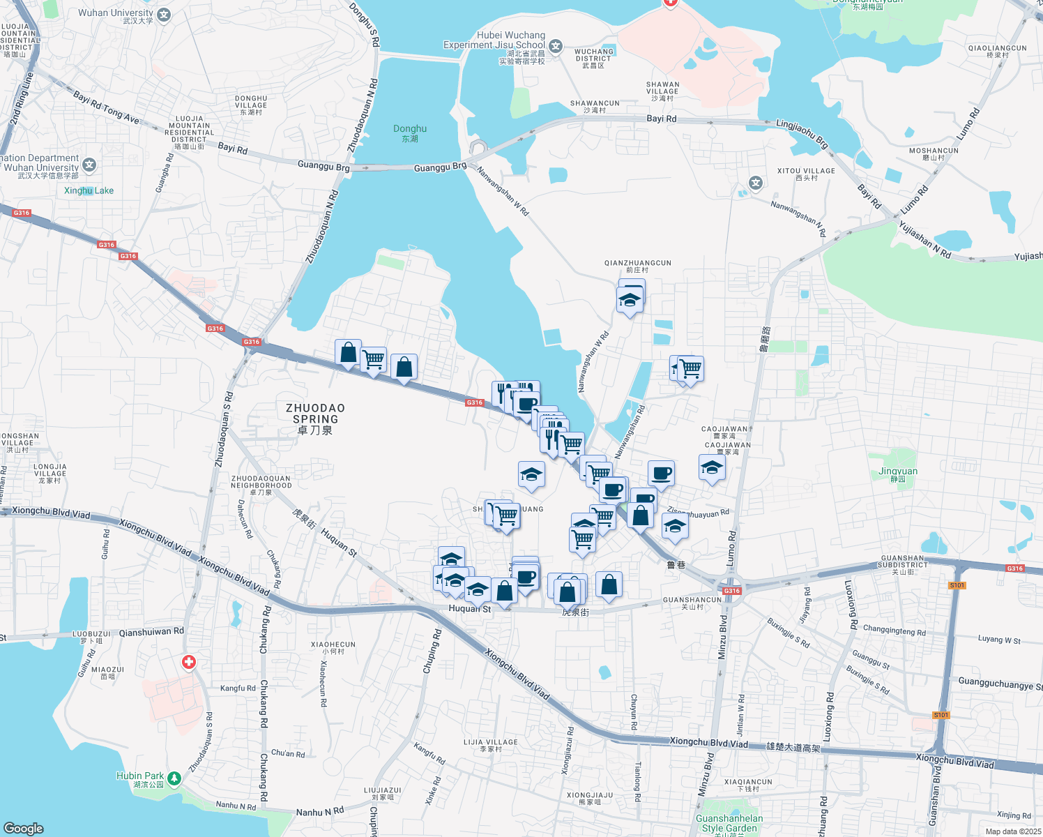 map of restaurants, bars, coffee shops, grocery stores, and more near 548 Luoyu Road in Wuhan Shi