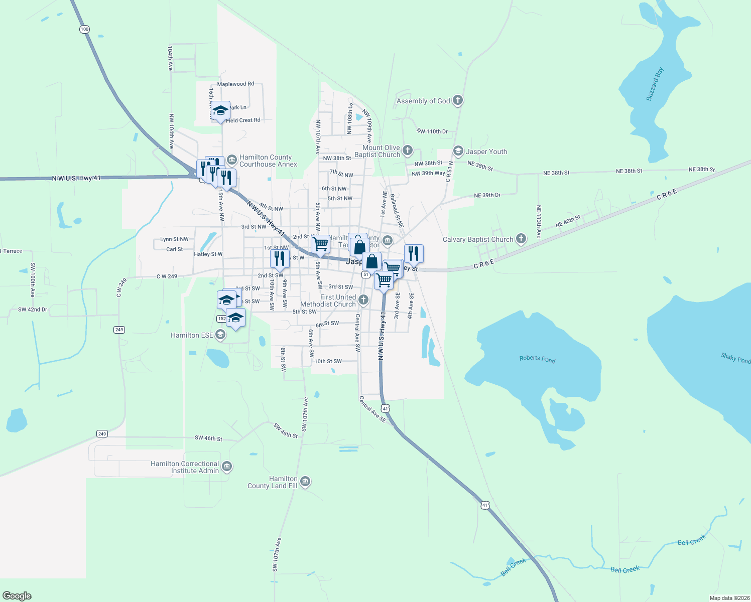 map of restaurants, bars, coffee shops, grocery stores, and more near 317 1st Avenue Southeast in Jasper