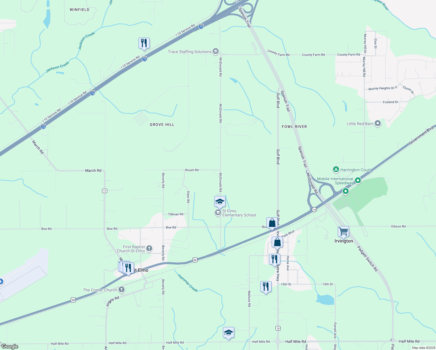 map of restaurants, bars, coffee shops, grocery stores, and more near 8440 McDonald Road in Irvington