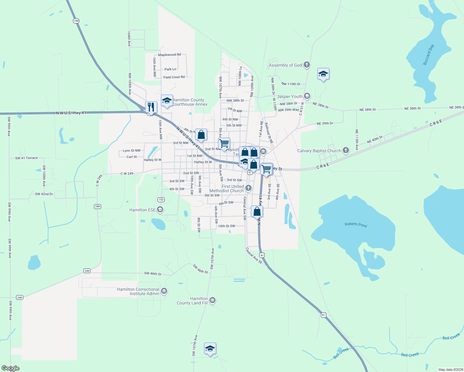 map of restaurants, bars, coffee shops, grocery stores, and more near 207 4th St SW in Jasper