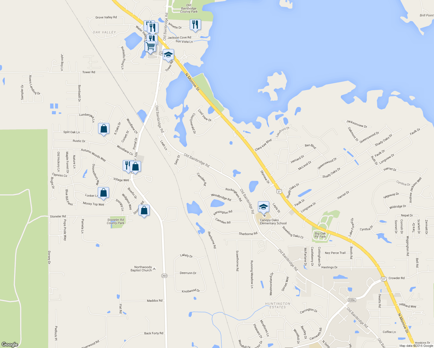 map of restaurants, bars, coffee shops, grocery stores, and more near 4381 Rockingham Road in Tallahassee
