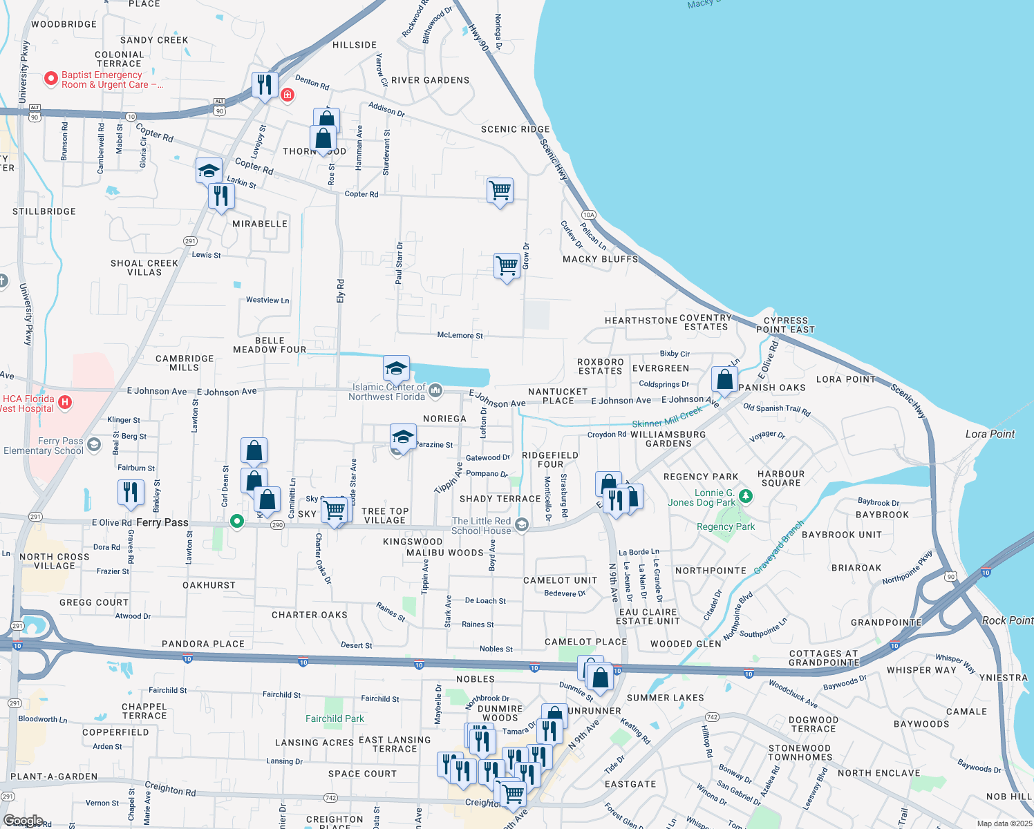 map of restaurants, bars, coffee shops, grocery stores, and more near 3840 Gatewood Drive in Pensacola