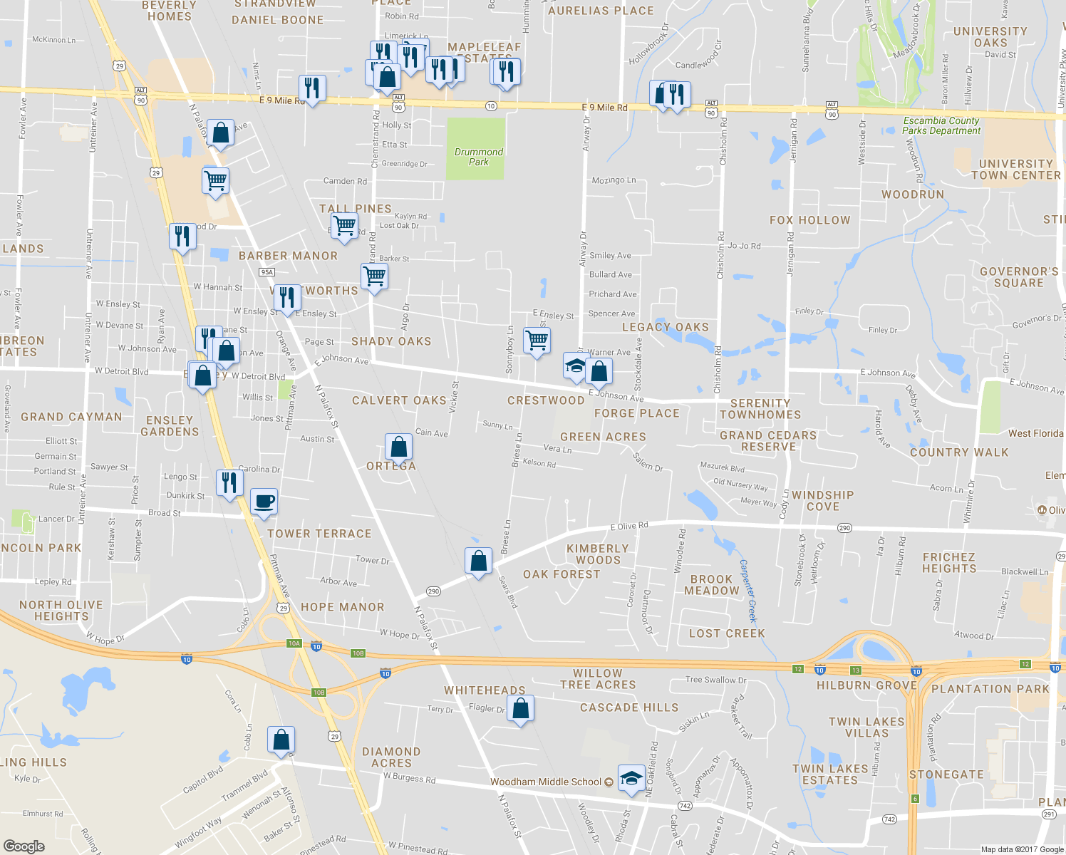 map of restaurants, bars, coffee shops, grocery stores, and more near 8350 Briese Lane in Pensacola